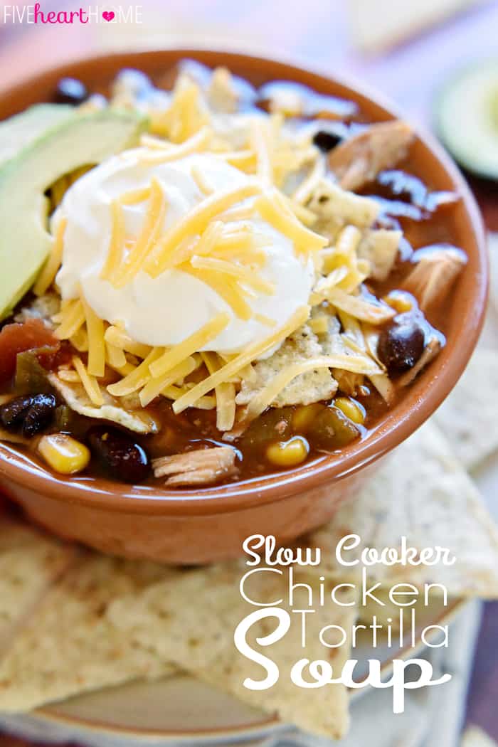 Slow Cooker Chicken Tortilla Soup with text overlay.
