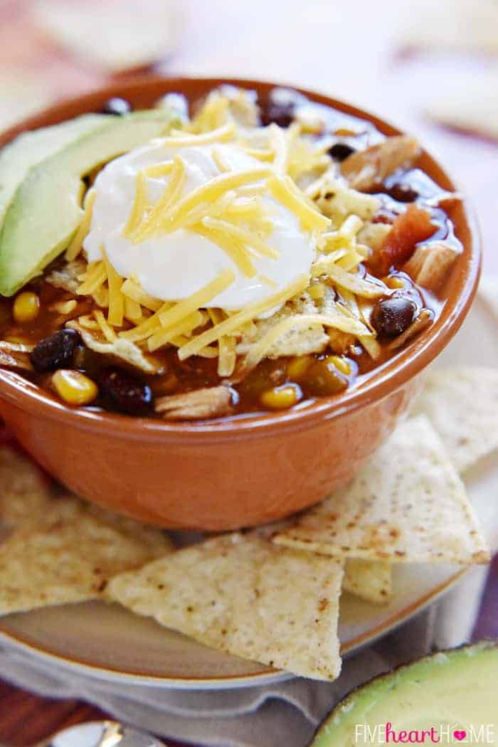 Garnished bowl of Chicken Tortilla Soup with tortilla chips on side.