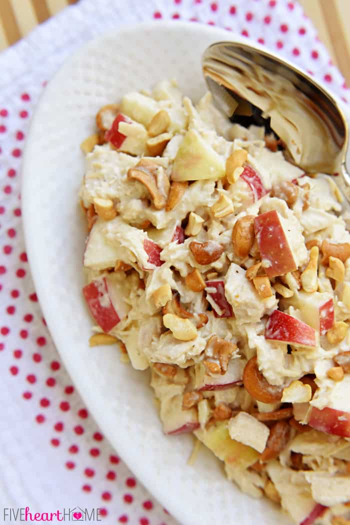 Aerial view of Chicken Salad with Apples on serving platter.