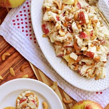 Aerial view of Chicken Salad with Apples on platter and crackers.