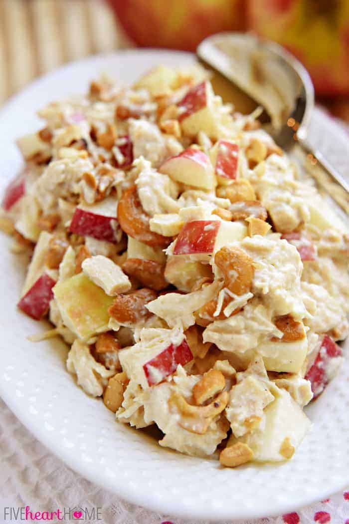 Chicken Salad with Apples and Cashews ~ a honey-kissed autumn spin on classic Sonoma Chicken Salad | FiveHeartHome.com #chickensalad #fall #recipe