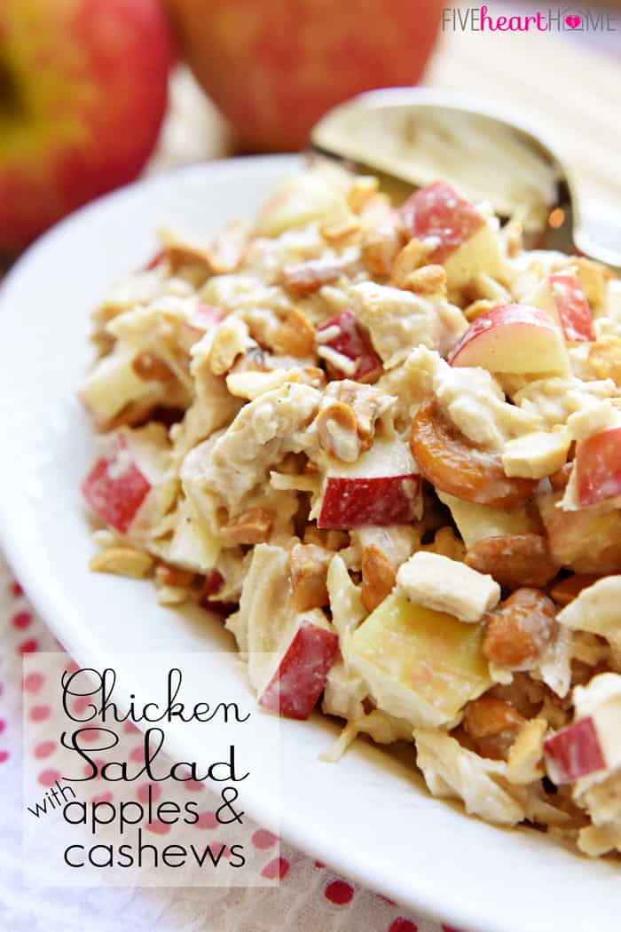 Chicken Salad with Apples and Cashews, with text overlay.