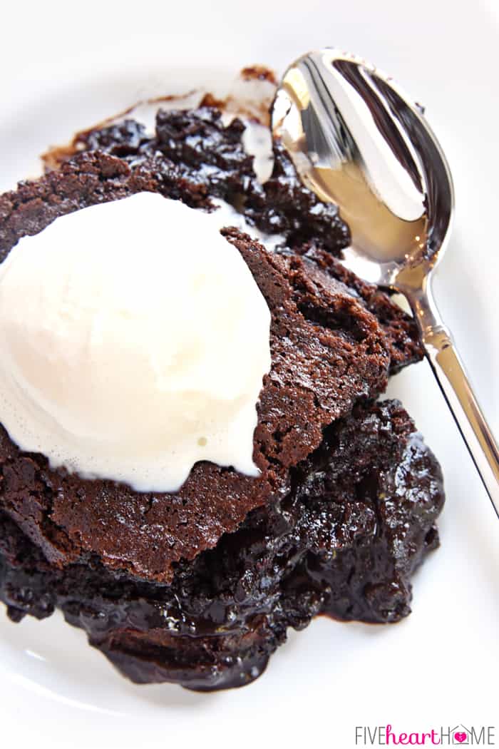 Close-up aerial view of Chocolate Cobbler with vanilla ice cream on top and a spoon