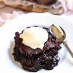 Warm Chocolate Cobbler ~ a layer of moist chocolate cake floats on a caramel-streaked, coffee-laced, pudding-like layer of chocolate decadence | FiveHeartHome.com