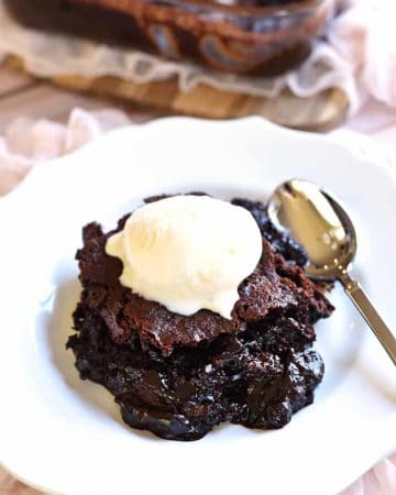 Warm Chocolate Cobbler ~ a layer of moist chocolate cake floats on a caramel-streaked, coffee-laced, pudding-like layer of chocolate decadence | FiveHeartHome.com