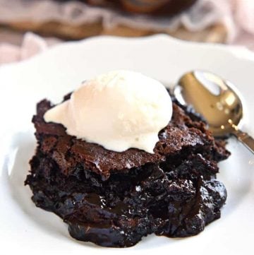Warm Chocolate Cobbler ~ a layer of moist chocolate cake floats on a caramel-streaked, coffee-laced, pudding-like layer of chocolate decadence | FiveHeartHome.com