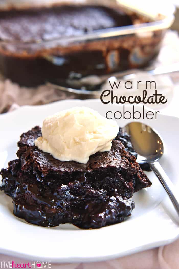 Warm Chocolate Cobbler ~ features moist chocolate cake floating on top of a caramel-streaked, coffee-laced, molten chocolate sauce! | fivehearthome.com via @fivehearthome