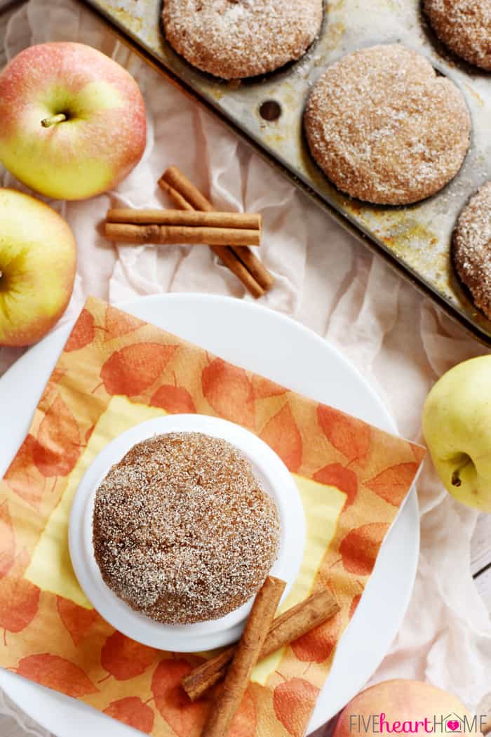 Whole Wheat Apple Cinnamon Muffins are soft and moist, bursting with tender apples, made wholesome by whole wheat flour and coconut oil, and topped with a cinnamon sugar coating | FiveHeartHome.com Aerial view