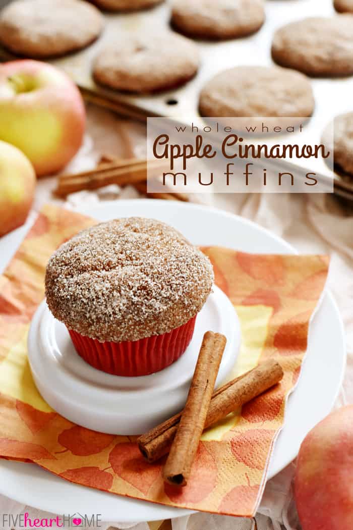 Whole Wheat Apple Cinnamon Muffins are soft and moist, bursting with tender apples, made wholesome by whole wheat flour and coconut oil, and topped with a cinnamon sugar coating | FiveHeartHome.com Whole Wheat Apple Cinnamon Muffins with text overlay