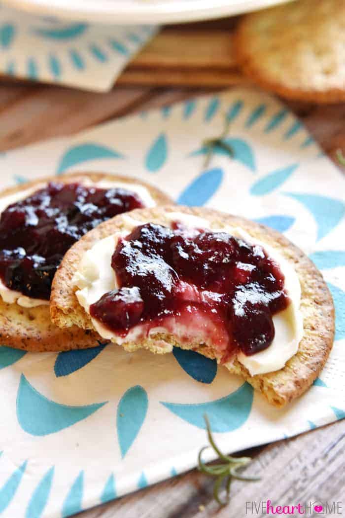 Close-up of crackers with a missing bite.