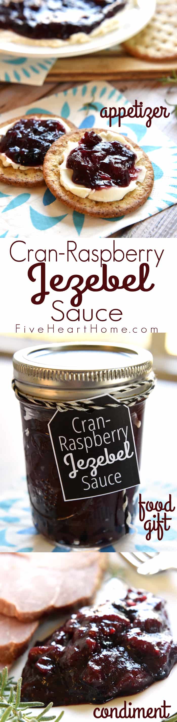 Jezebel Sauce ~ with its cran-raspberry base and bold horseradish kick, this sweet and spicy, versatile sauce can be poured over cream cheese as an appetizer, served alongside holiday ham or turkey as a condiment, or given as a homemade food gift in a jar! | FiveHeartHome.com via @fivehearthome