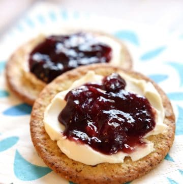 Jezebel Sauce on crackers with cream cheese.