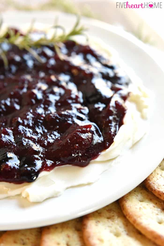 Close-up of Jezebel Sauce poured over cream cheese as an appetizer.