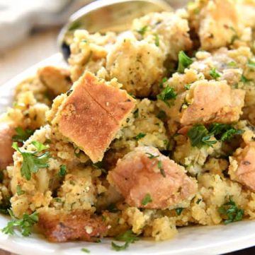 Garlic and Herb Stuffing ~ made with French bread and cornbread, this savory, simple, Thanksgiving dressing is easily customizable | FiveHeartHome.com