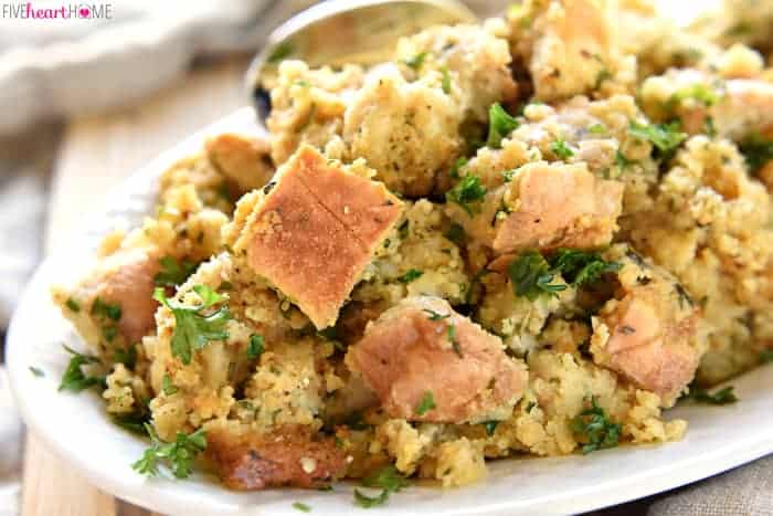 Garlic and Herb Cornbread Stuffing on platter.