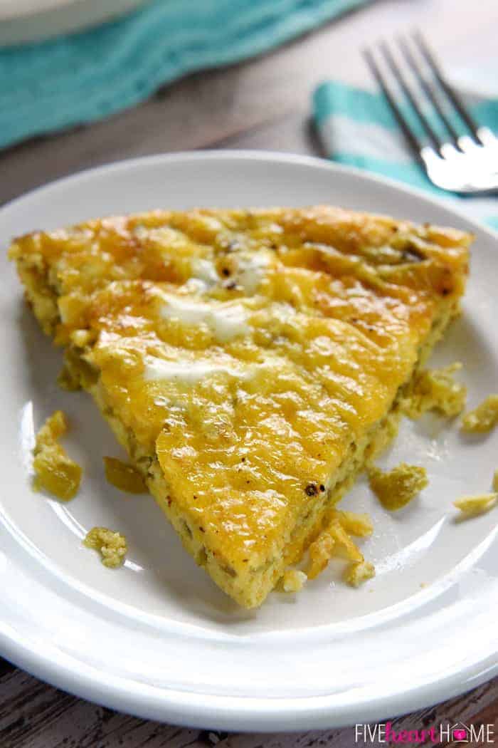 Crustless Green Chile Cheddar Egg Bake Wedge Served on White Plate 