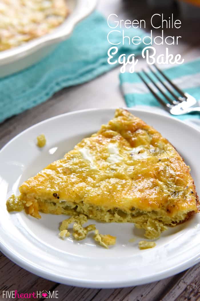 Green Chile Cheddar Egg Bake ~ this flavorful crustless quiche is a quick, easy breakfast that's perfect for serving to overnight houseguests or hungry family members any morning of the week | FiveHeartHome.com via @fivehearthome