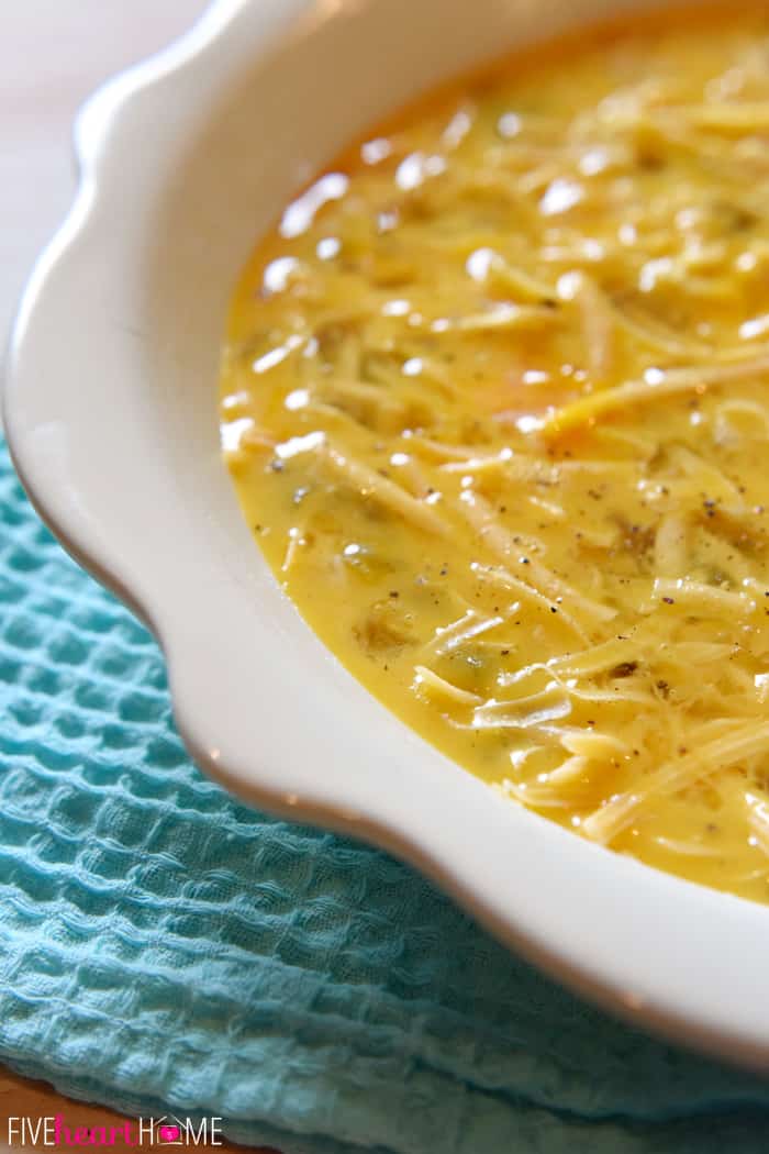 Raw Egg, Cheese and Green Chile Mixture in Scalloped Mixing Bowl 