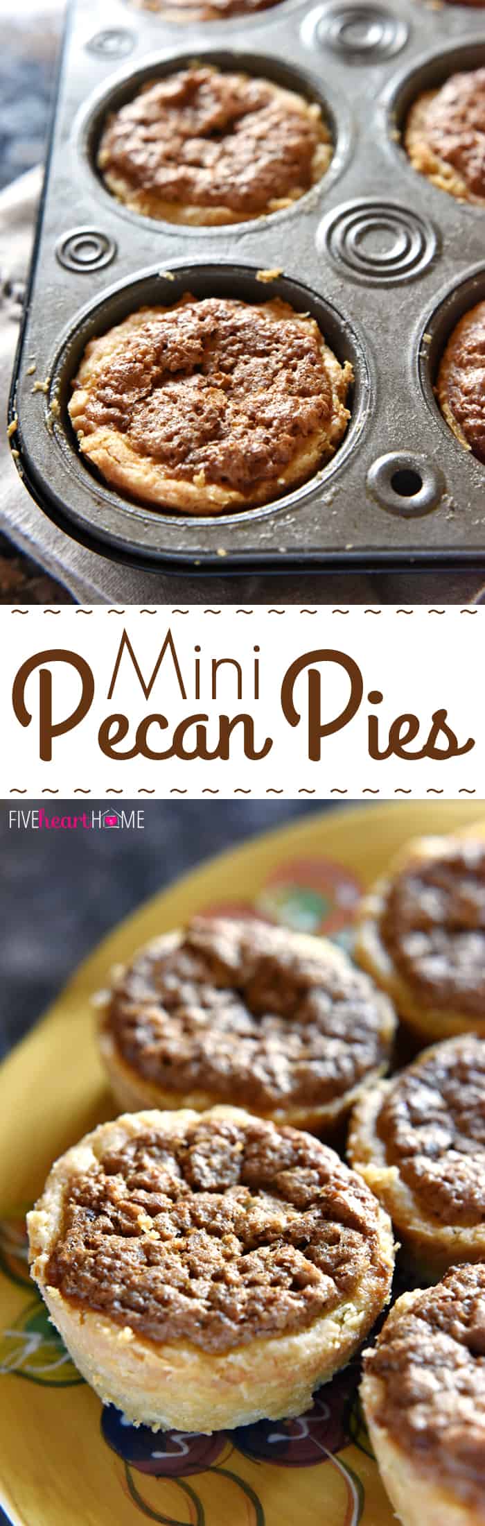 Mini Pecan Pies ~ this mini pecan pie recipe is individually-portioned in a muffin pan and fun to eat, with a tender, buttery crust (no rolling pin required!) and a sweet, nutty filling! It will be the perfect addition to your Thanksgiving dessert table! | FiveHeartHome.com via @fivehearthome