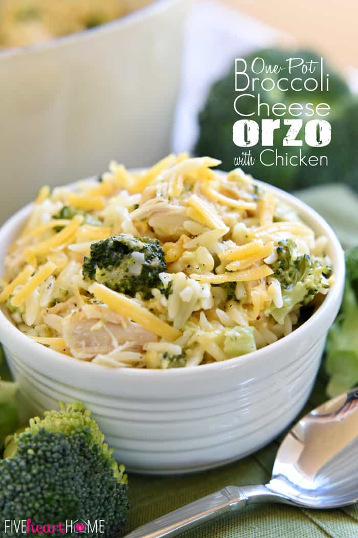 Broccoli Cheese Orzo with Chicken is a quick, simple, balanced meal that comes together in one pot using leftover chicken (or turkey). via @fivehearthome