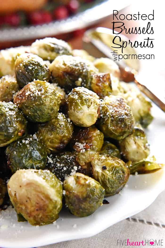 Roasted Brussels Sprouts with Parmesan ~ roasting with simple seasonings boosts the flavor and brings out the sweetness of Brussels sprouts in this healthy and easy side dish! | FiveHeartHome.com via @fivehearthome