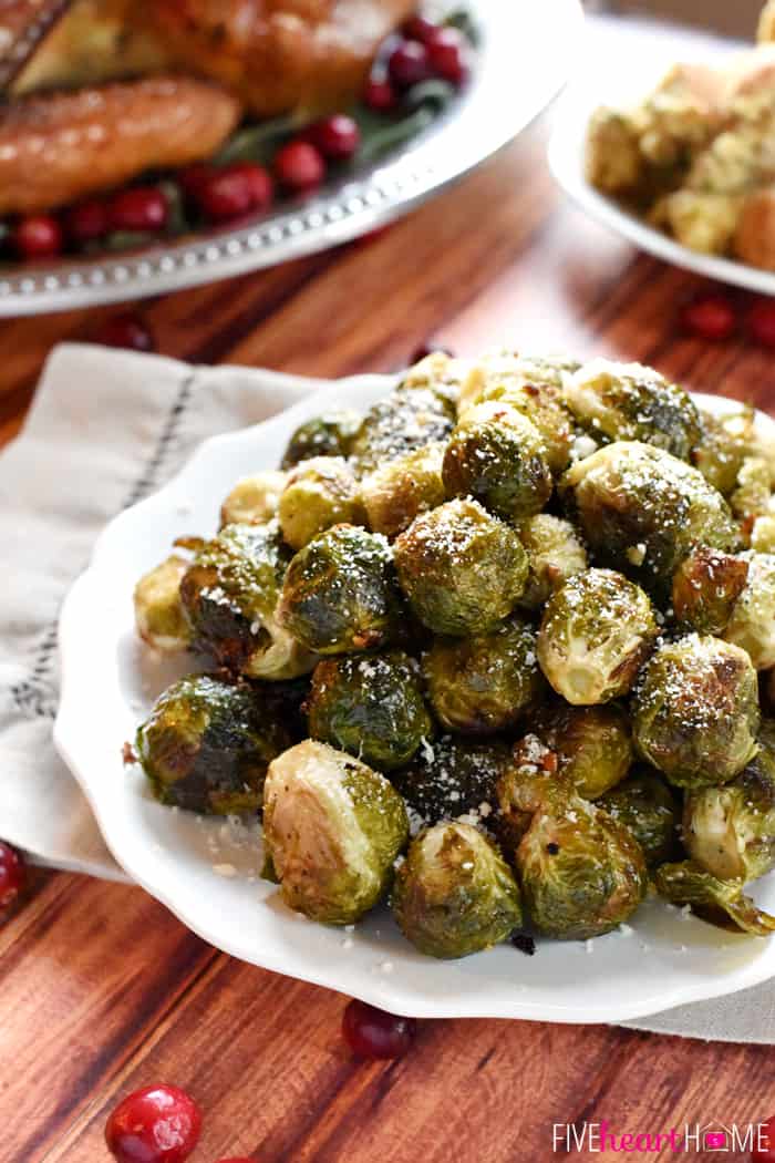 Roasted Brussels Sprouts on white plate.