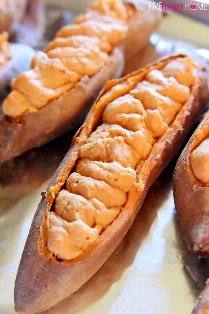 Twice-Baked Sweet Potatoes ready to be topped and baked.