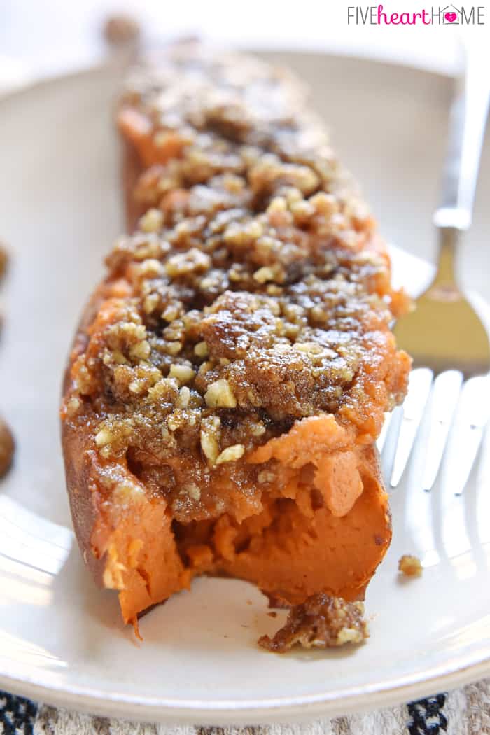 Twice-Baked Sweet Potato on plate with missing bite.