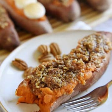 Twice-Baked Sweet Potatoes ~ the perfect Thanksgiving side dish, featuring a smooth, creamy filling and topped with toasty marshmallows or crunchy pecan streusel | FiveHeartHome.com