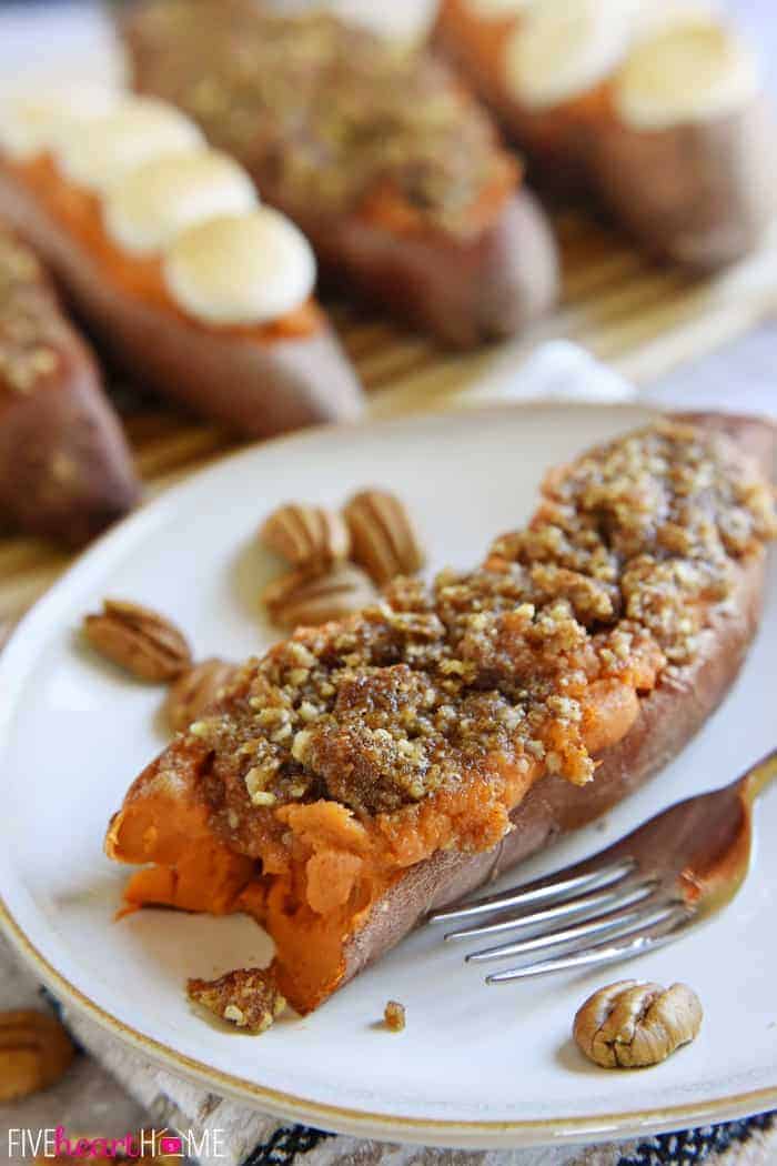 Twice-Baked Sweet Potatoes on plate with pecan streusel.