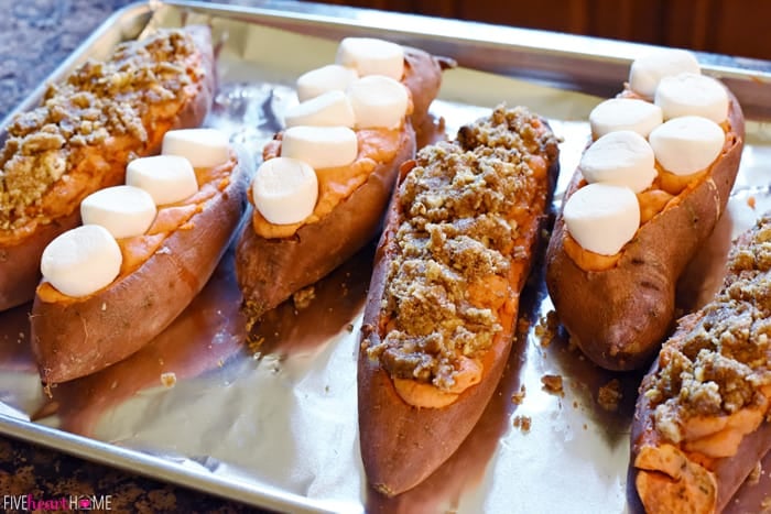 Twice-Baked Sweet Potatoes topped with marshmallows and pecan streusel.