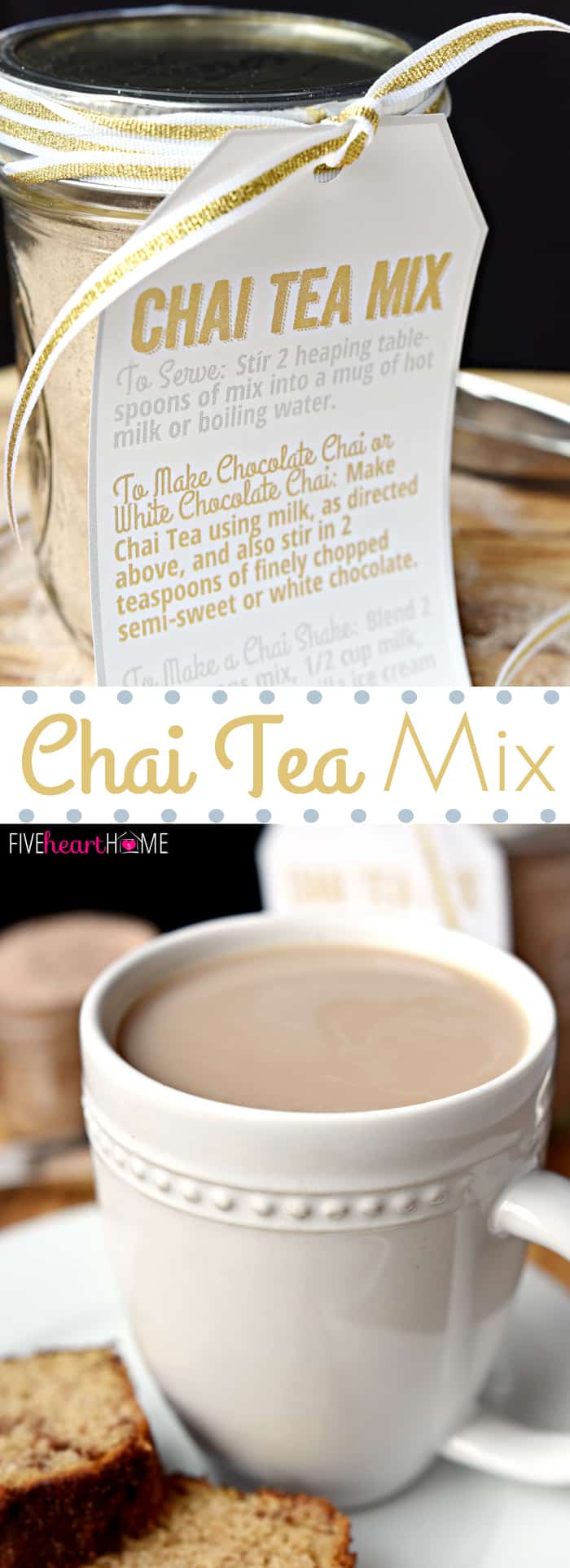 Chai Tea Mix ~ a unique homemade food gift for those who love Chai Tea, use this mix to whip up everything from lattes to milkshakes! Also include a free printable tag with directions for gift giving. | FiveHeartHome.com via @fivehearthome