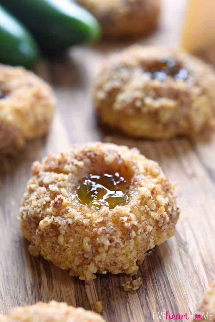 Close-up of Savory Thumbprint Cookies with pepper jelly.