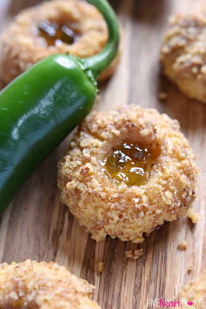 Savory Thumbprint Cookies with pepper jelly and fresh jalapeño.