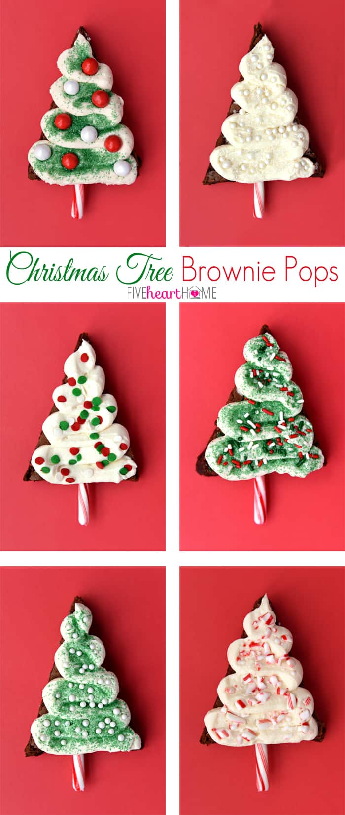 Collage of six Christmas Tree Brownies decorated in different ways.