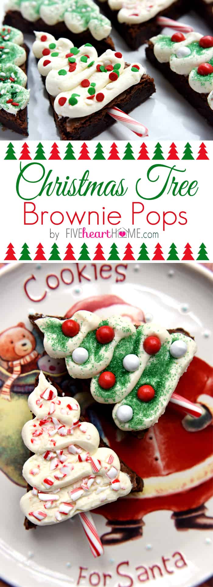 Whether you need cookies for a Christmas platter or goodies for Santa, these Christmas Tree Brownie Pops feature fudgy brownies, cream cheese frosting, and candy cane "trunks" for a fun and festive holiday treat!| FiveHeartHome.com via @fivehearthome