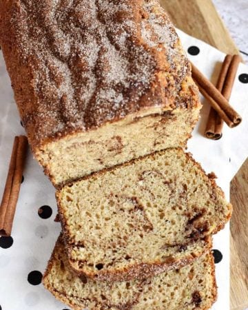 Cinnamon Bread (no-yeast quick bread) ~ soft and sweet, this easy recipe is a tasty treat for breakfast or as a snack...and since it yields multiple loaves, it's also perfect for holiday (or anytime) gift giving! | FiveHeartHome.com