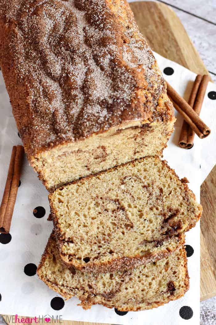 Aerial view of sliced Cinnamon Bread loaf.