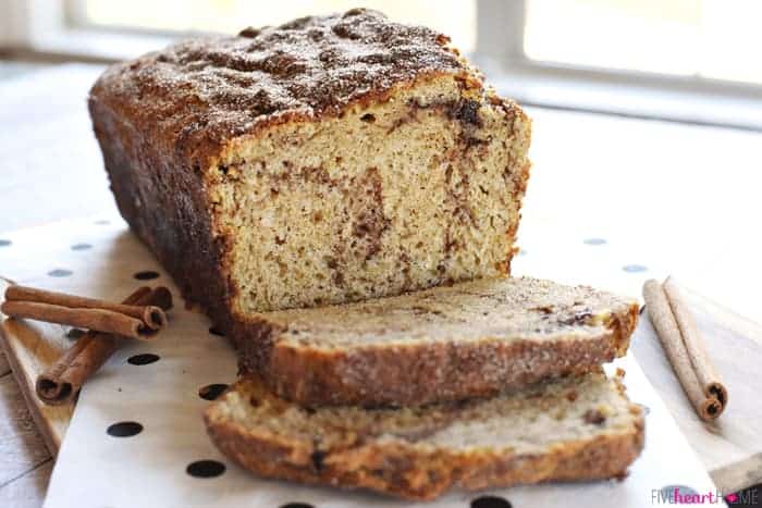 Cinnamon Bread (no-yeast quick bread) ~ soft and sweet, this easy recipe is a tasty treat for breakfast or as a snack...and since it yields multiple loaves, it's also perfect for holiday (or anytime) gift giving! | FiveHeartHome.com