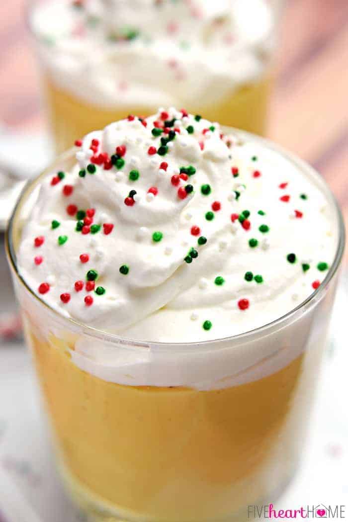 Eggnog Pudding with Whipped Cream ~ sweet, creamy eggnog pudding is a perfect make-ahead dessert for your next holiday party or Christmas dinner! | FiveHeartHome.com