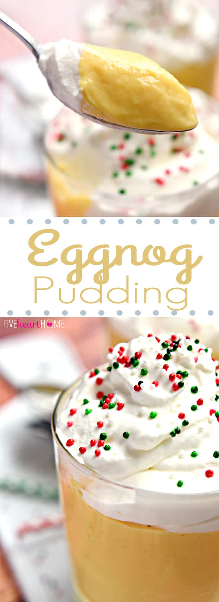 Eggnog Pudding with Whipped Cream ~ sweet, creamy eggnog pudding is a perfect make-ahead dessert for your next holiday party or Christmas dinner! | FiveHeartHome.com via @fivehearthome