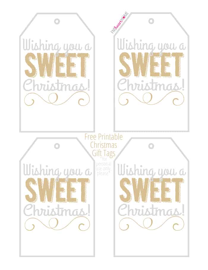 Free Printable Christmas Gift Tags: "Wishing you a SWEET Christmas!" ~ perfect for homemade holiday food gifts! | FiveHeartHome.com