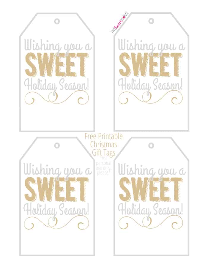 Free Printable Holiday Gift Tags: "Wishing you a SWEET Holiday Season!" ~ perfect for homemade holiday food gifts! | FiveHeartHome.com