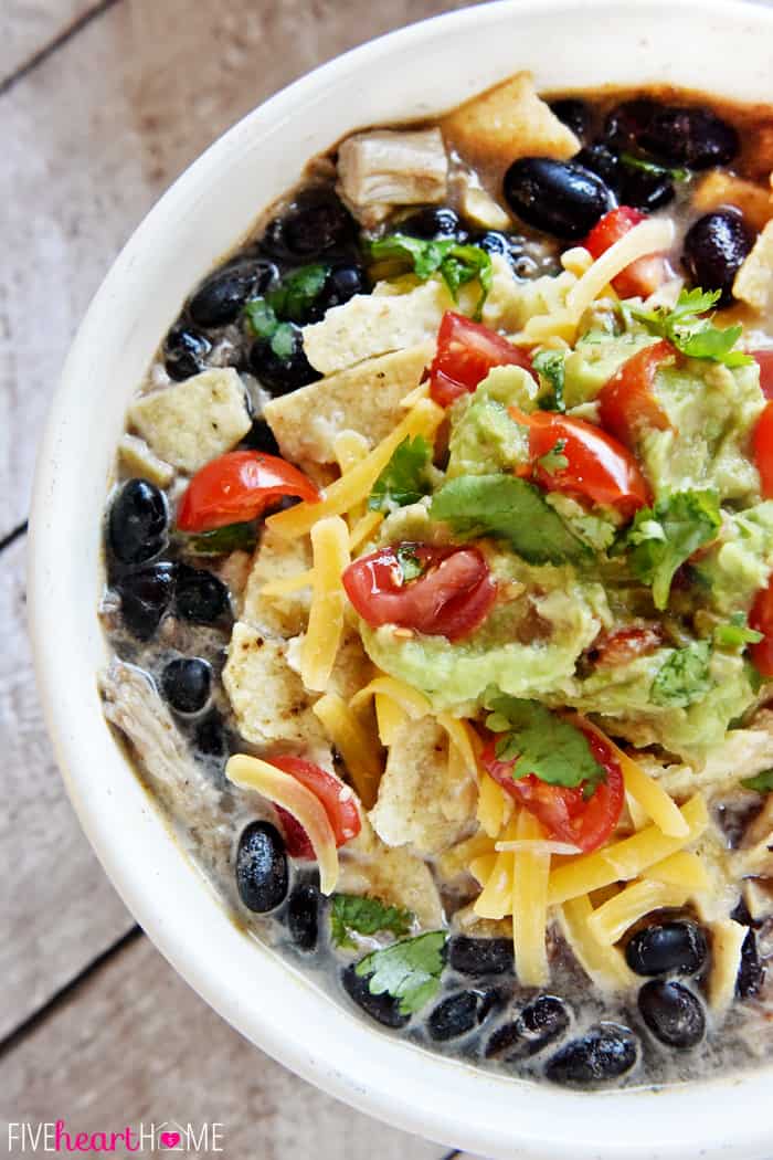 Close-up aerial view of a bowl of Chicken Black Bean Soup