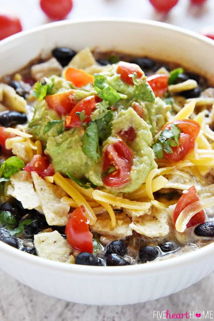 Zoom shot of Chicken Black Bean Soup with toppings