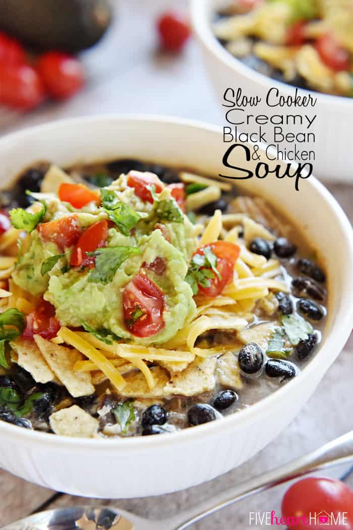Slow Cooker Chicken Black Bean Soup ~ this healthy, easy to make crockpot soup recipe makes a creamy, flavorful, delicious dinner for those cold winter nights! | FiveHeartHome.com via @fivehearthome