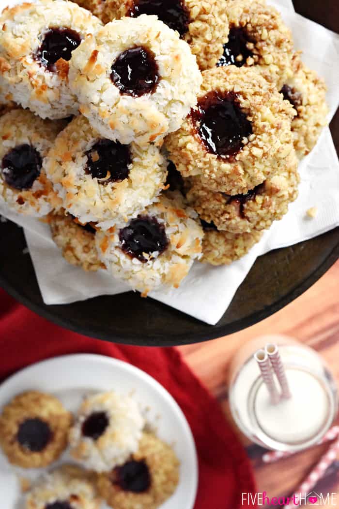 Aerial view of Jam Thumbprint Cookies on platter and plate.