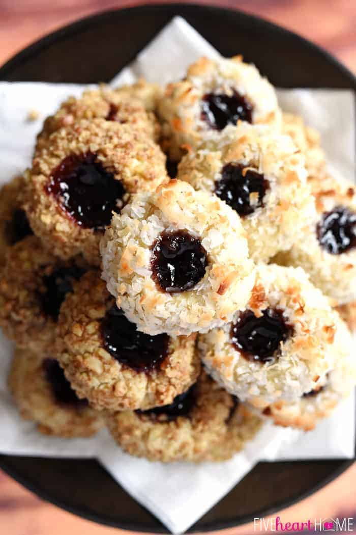 Jam Thumbprint Cookies on pedestal.