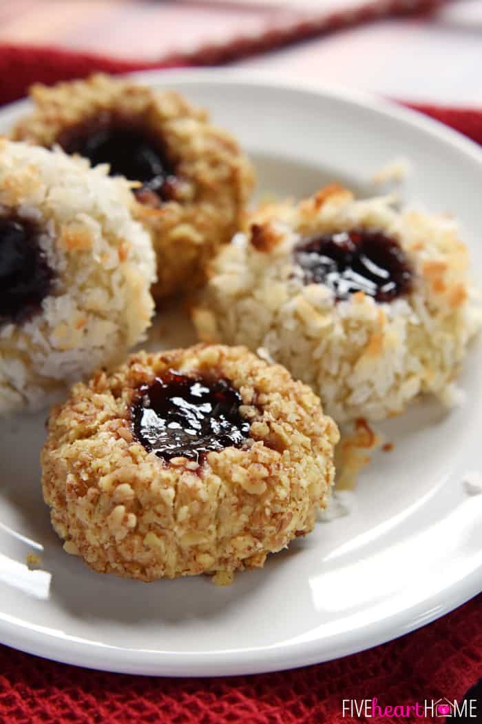 Jam Thumbprint Cookies on white plate.