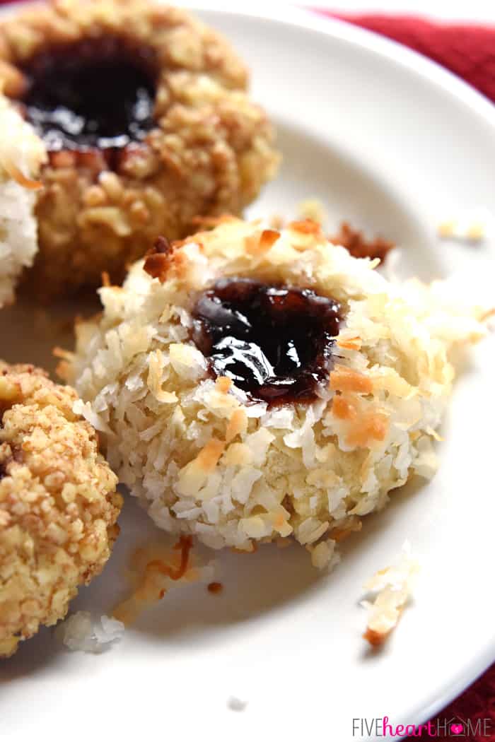 Close-up of Jam Thumbprint Cookies on plate.